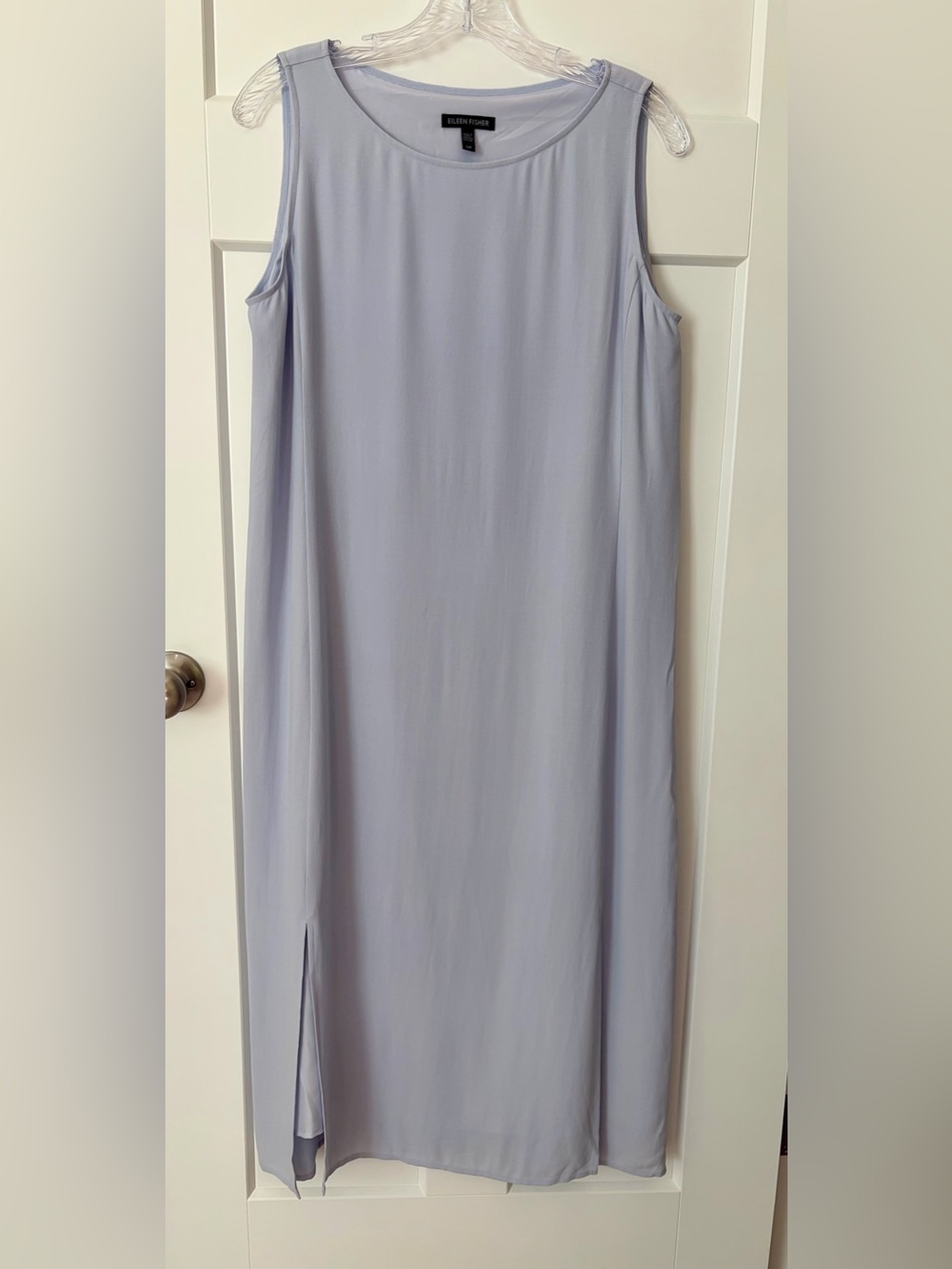 Eileen Fisher 100% Silk Midi Dress S Blue Sleeveless Shift Minimalist Lined Slit